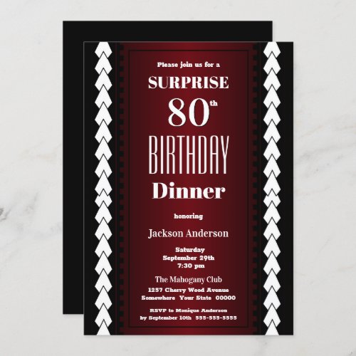 Modern burgundy Surprise 80th Birthday Dinner Invitation