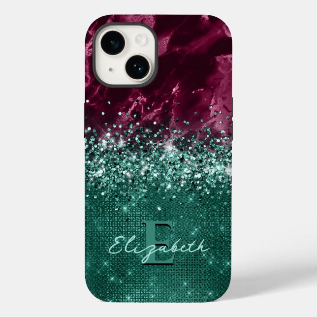  Modern Burgundy Teal Mint Glitter Marble Monogram Case-Mate iPhone Case (Back)