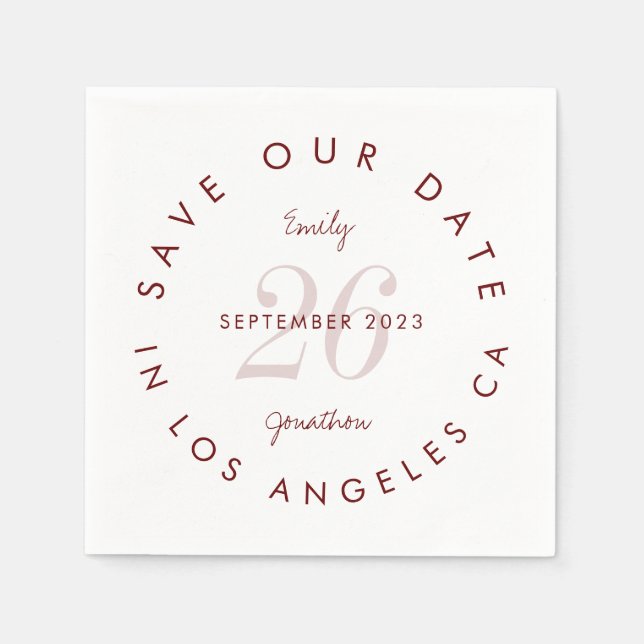 Modern Burgundy Typography Save The Date Napkins (Front)