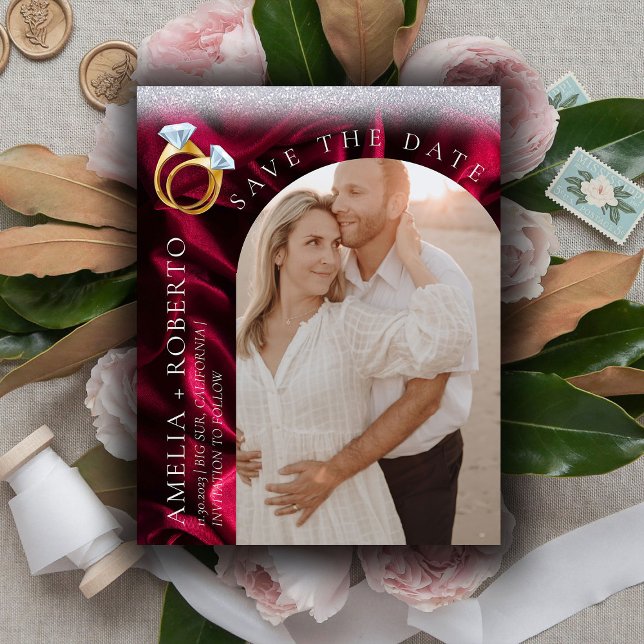 Modern Burgundy Velvet Save the Date Photo Card Flyer (Creator Uploaded)