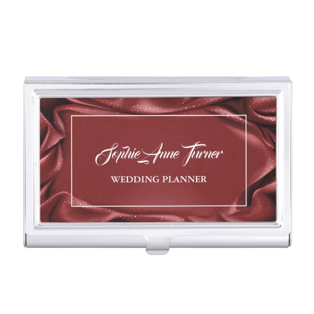 Modern Burgundy Velvet White Wedding Planner Business Card Case (Front)