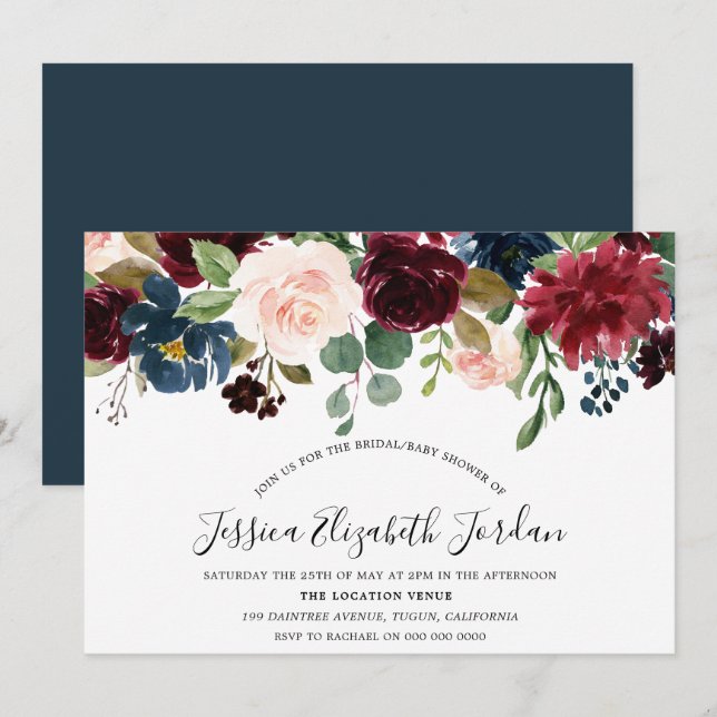 Modern Burgundy Watercolor Baby or Bridal Shower Invitation (Front/Back)