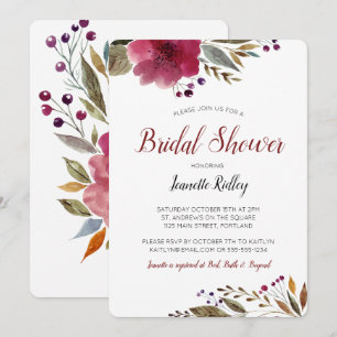 Modern Burgundy Watercolor Floral Bridal Shower Invitation