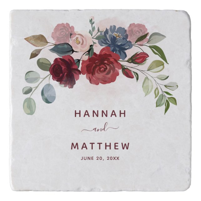 Modern Burgundy Watercolor Greenery Wedding Trivet (Front)