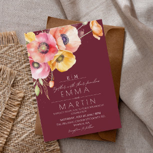 Modern Burgundy Watercolor Poppies Floral Wedding Invitation