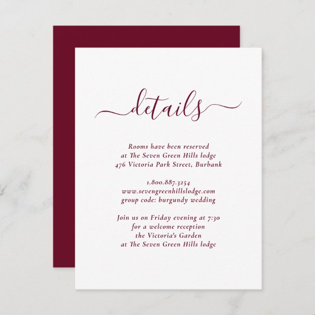 Modern Burgundy Wedding Enclosure Card (Front/Back)