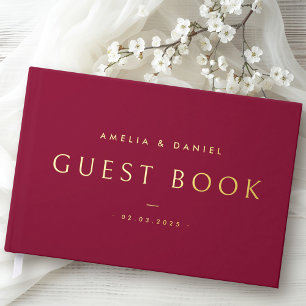 Modern burgundy wedding names and date real foil guest book