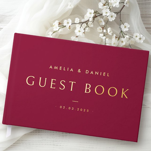 Modern burgundy wedding names and date real foil guest book  (Modern burgundy wedding names and date real foil guest book)