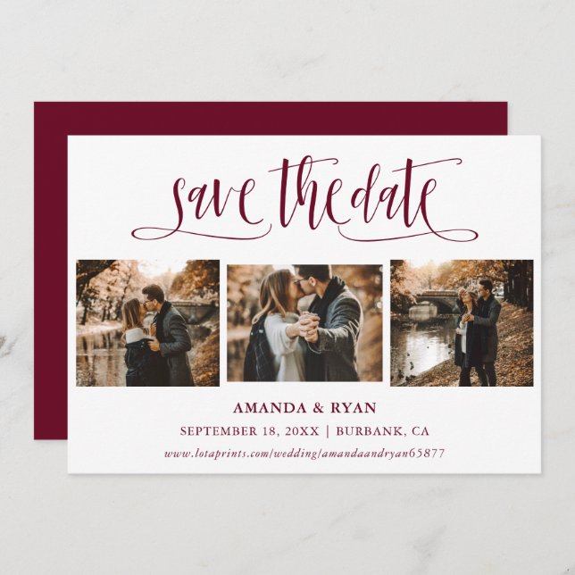 Modern Burgundy Wedding Photo Save The Date (Front/Back)