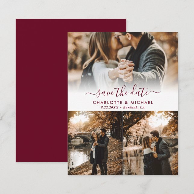 Modern Burgundy Wedding Photo Save The Date Card (Front/Back)