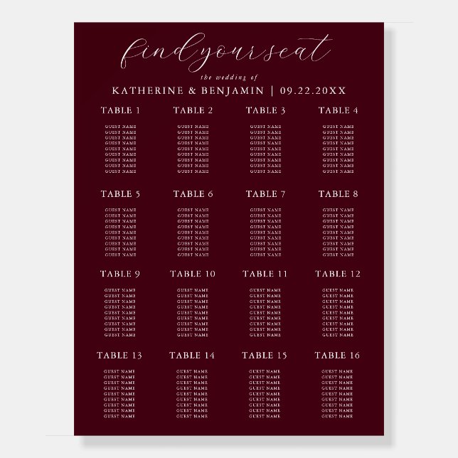 Modern Burgundy Wedding Seating Chart Foam Board (Front)