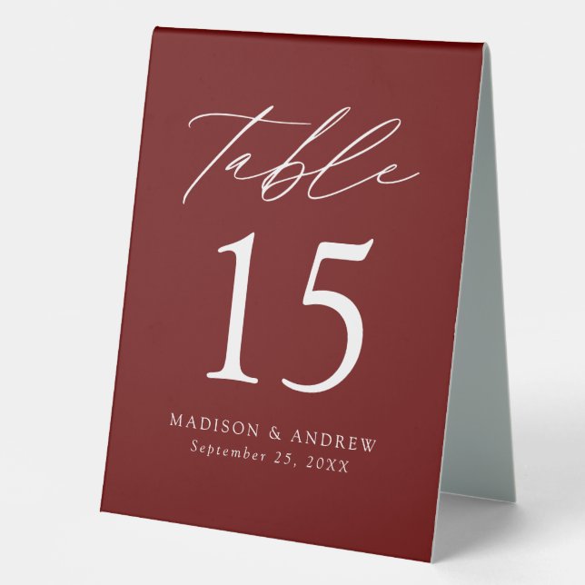 Modern Burgundy Wedding Table Number Tent (Front)