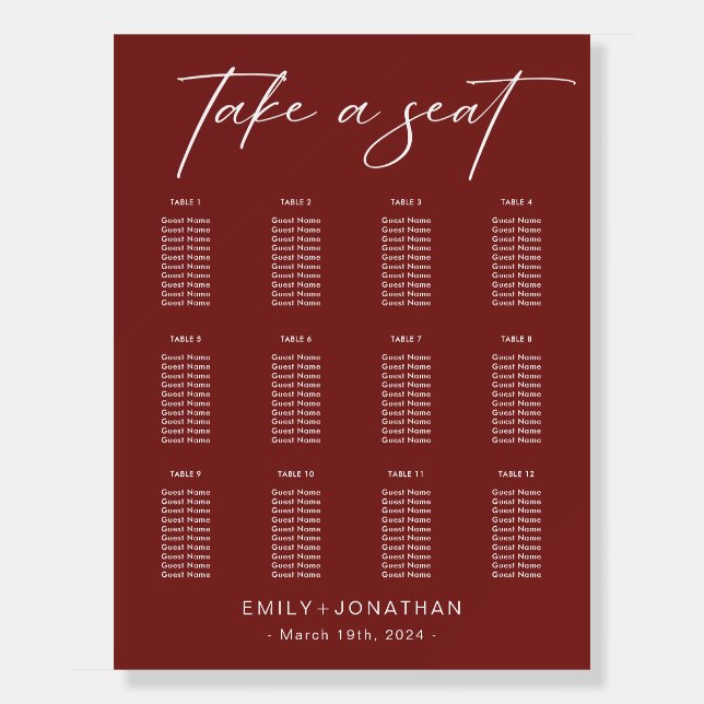 Modern Burgundy wedding Wedding Seating Chart Foam Board (Front)