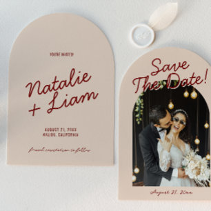Modern Burgundy Whimsical Photo Arched Wedding Save The Date