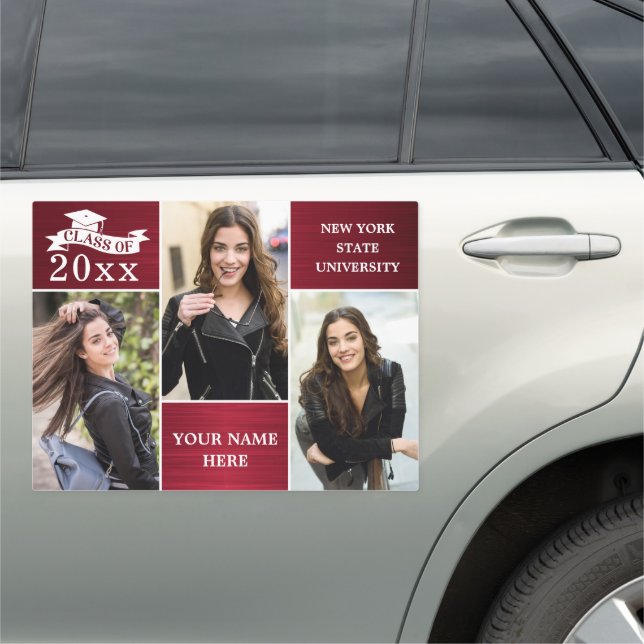 Modern Burgundy White 3 PHOTO Graduation Large Car Magnet (In Situ)