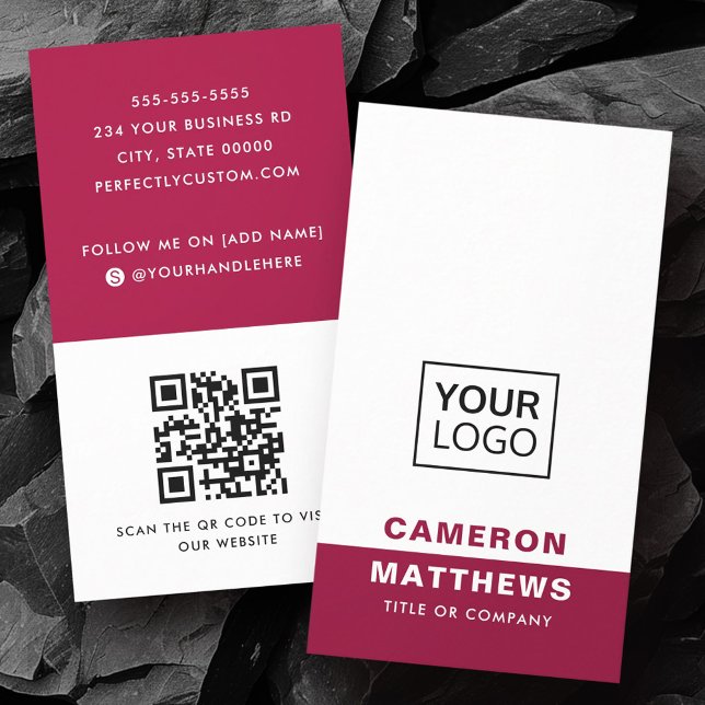 Modern burgundy white add logo social media icons business card (Modern burgundy white add logo social media icons business card)