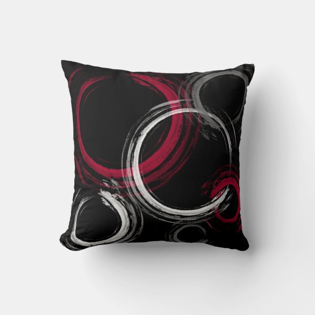 Modern Burgundy White Black Paint Brush Rings Throw Pillow (Front)