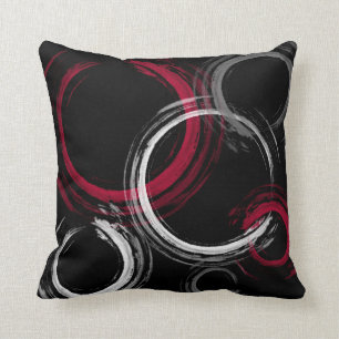 Modern Burgundy White Black Paint Brush Rings Throw Pillow