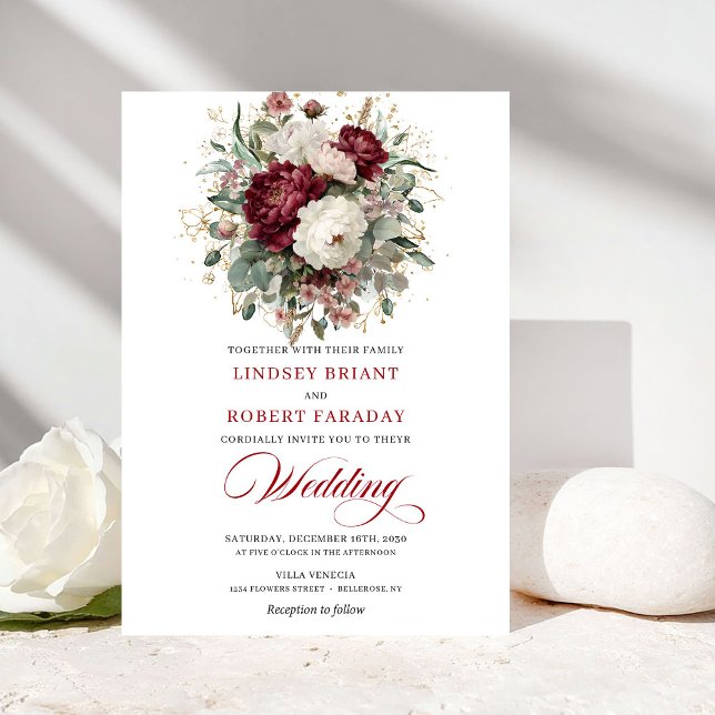 Modern Burgundy White Gold Floral Wedding Invite (Modern Burgundy White Gold Floral Wedding Invite)