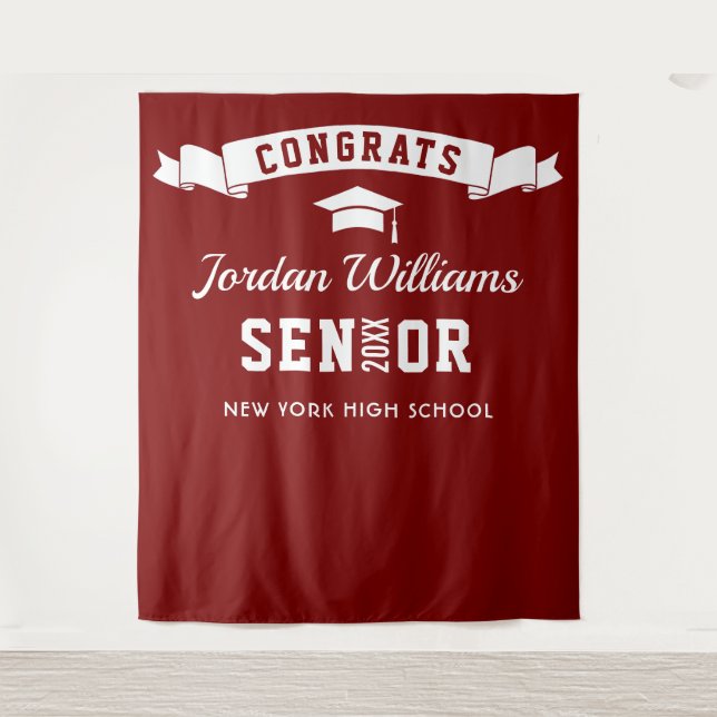 Modern Burgundy White Graduation Photo Backdrop (Front)