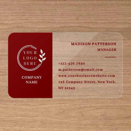 Modern Burgundy White Logo Branding Clear Business Cards