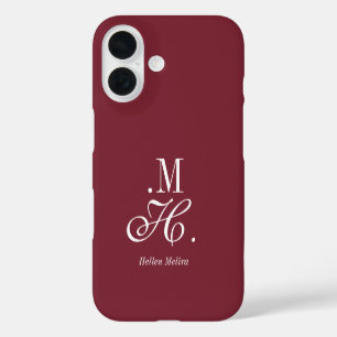 Modern Burgundy White Monogram Name iPhone 16 Case