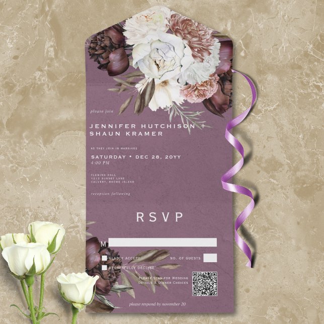 Modern Burgundy & White Peonies & Roses QR Code All In One Invitation (Modern Burgundy & White Peonies & Roses QR Code All In One Invitation)