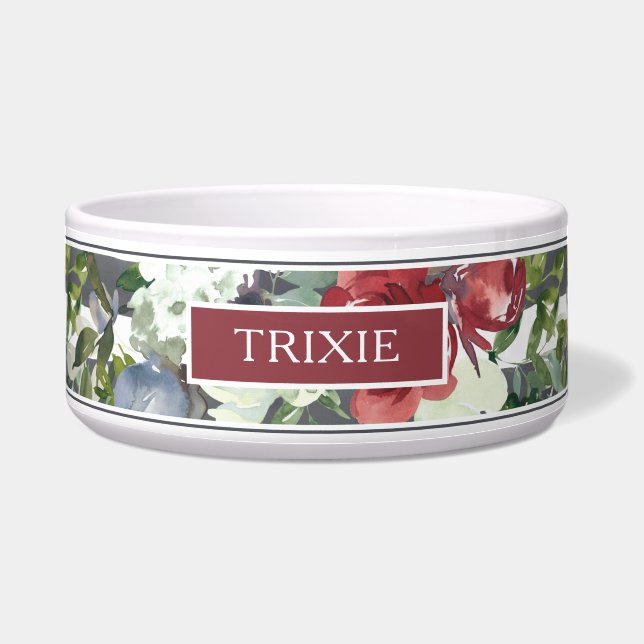 Modern Burgundy White Rose Watercolor Name Bowl (Front)