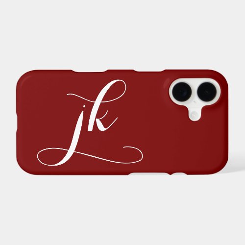 Modern Burgundy White Script Monogram Name iPhone 17 Case