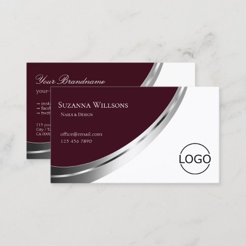 Modern Burgundy White with Silver Decor and Logo Business Card
