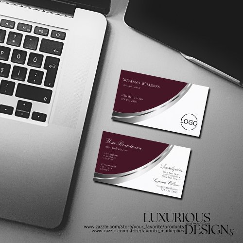 Modern Burgundy White with Silver Decor and Logo Business Card