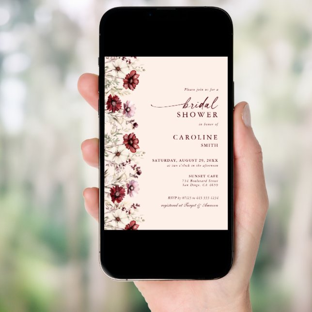 Modern Burgundy Wildflower Bridal Shower Invitation (Front Digital)