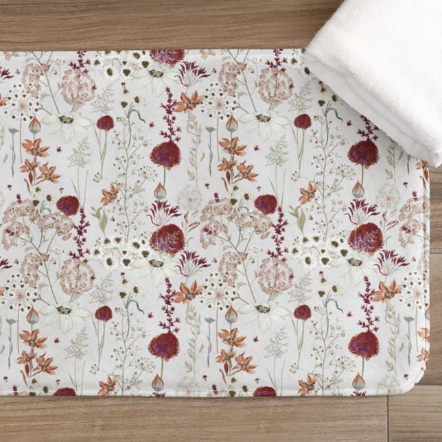 Modern Burgundy Wildflowers | Elegant Boho Floral  Bath Mat (Creator Uploaded)