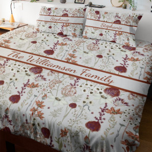 Modern Burgundy Wildflowers Elegant Boho Floral Duvet Cover