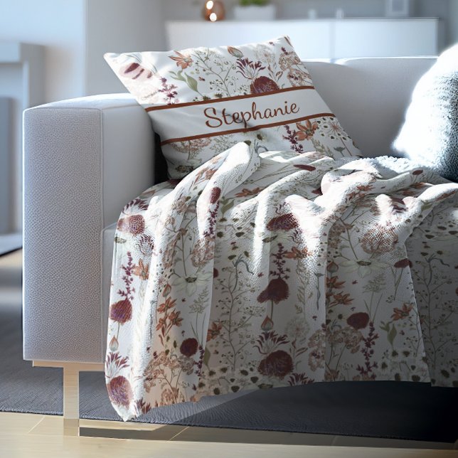 Modern Burgundy Wildflowers | Elegant Boho Floral  Fleece Blanket (Creator Uploaded)