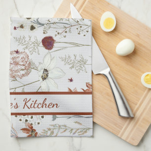 Modern Burgundy Wildflowers Elegant Boho Floral Kitchen Towel