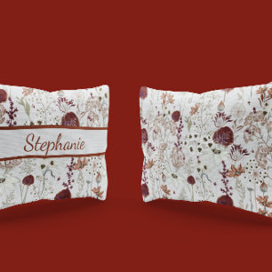 Modern Burgundy Wildflowers   Elegant Boho Floral  Pillow Case