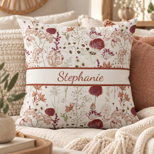 Modern Burgundy Wildflowers Elegant Boho Floral Throw Pillow