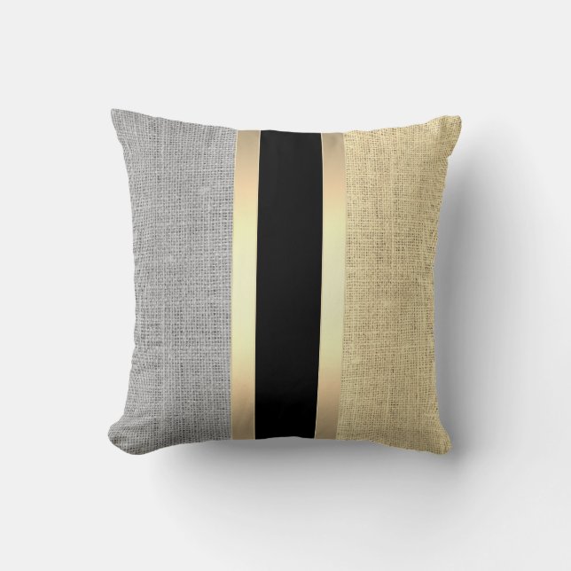 Modern Burlap Gold Striped Throw Pillow (Front)