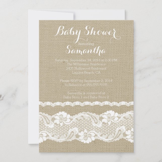 Modern Burlap & Lace Baby Shower Invitation (Front)