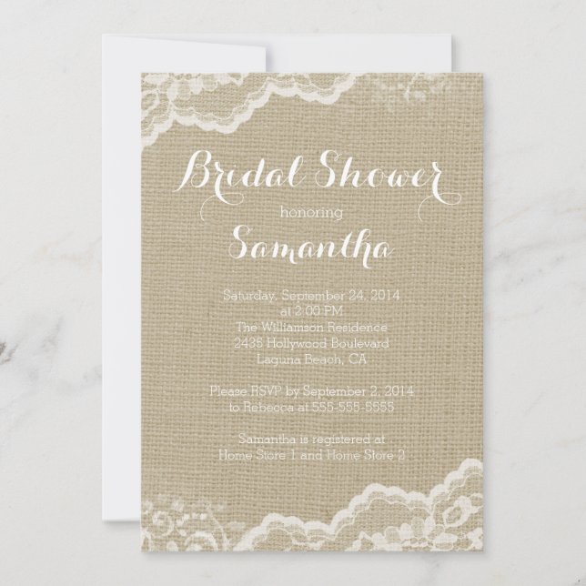 Modern Burlap & Lace Bridal Shower Invitation (Front)