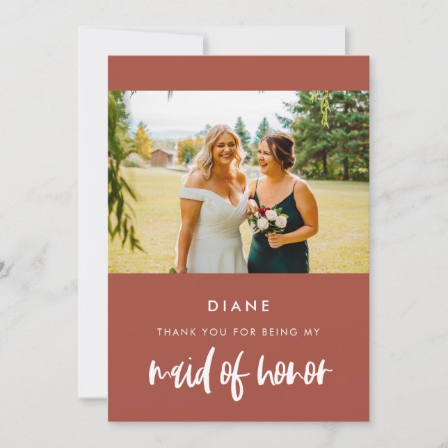 Modern burnt brick Maid of honor thank you card (Front)