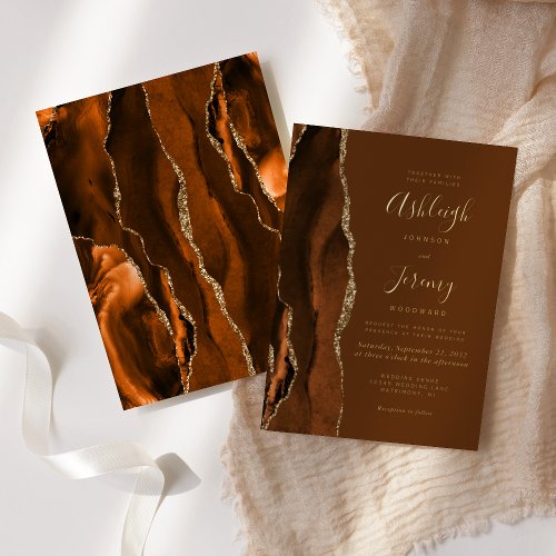 Modern Burnt Orange Agate Brown Wedding Foil Invitation