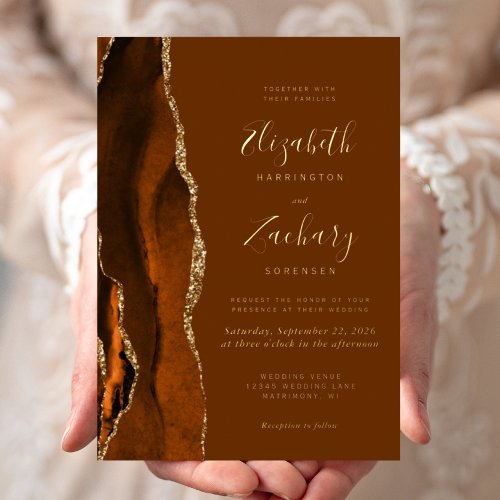 Modern Burnt Orange Agate Brown Wedding Foil Invitation