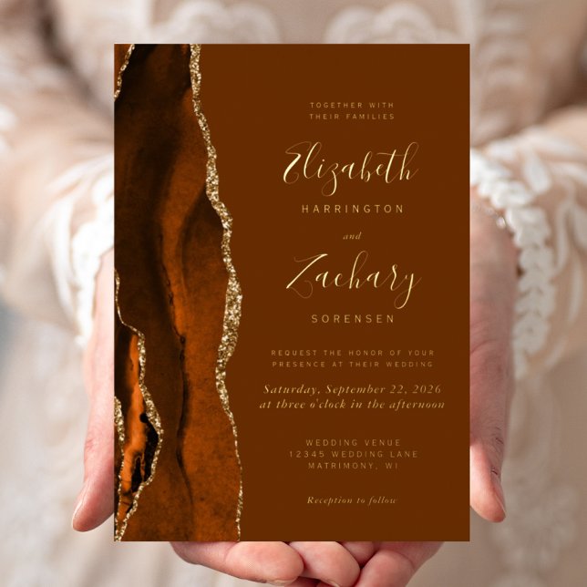 Modern Burnt Orange Agate Brown Wedding Foil Invitation (Creator Uploaded)