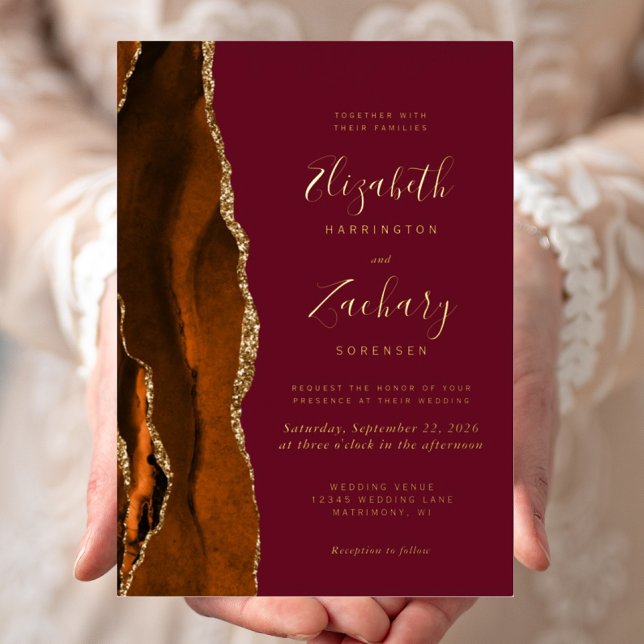 Modern Burnt Orange Agate Burgundy Wedding Foil Invitation (Creator Uploaded)