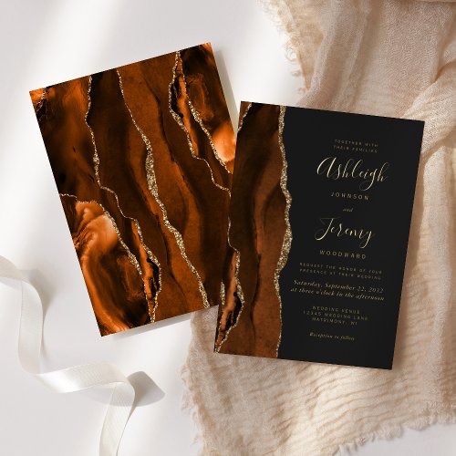 Modern Burnt Orange Agate Dark Wedding Foil Invitation