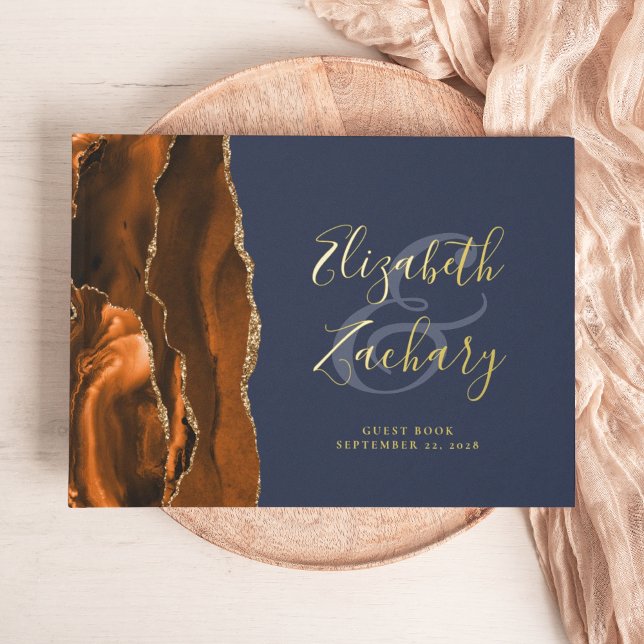 Modern Burnt Orange Agate Gold Script Navy Blue Foil Guest Book (Creator Uploaded)
