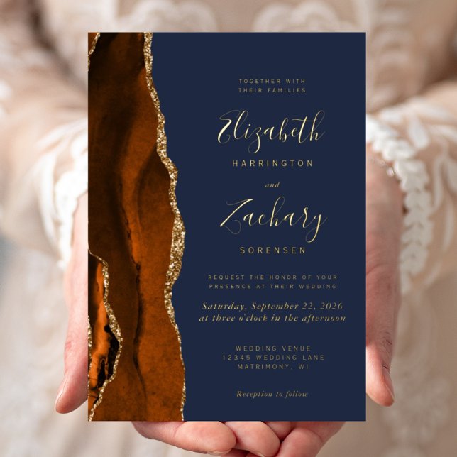 Modern Burnt Orange Agate Navy Blue Wedding Foil Invitation (Creator Uploaded)