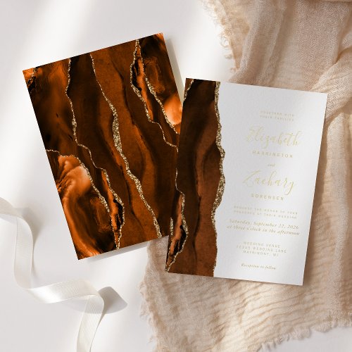 Modern Burnt Orange Agate Wedding Foil Invitation